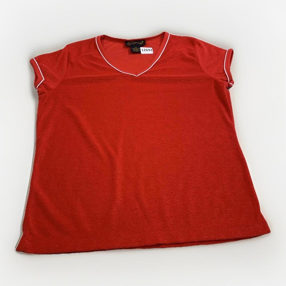 Vintage 70s Terry Cloth V Neck Red T Shirt By Measure Up Womens 40 Large-12692